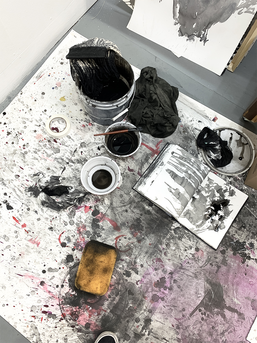 Art studio tools with ink paintings, Bartosz Beda