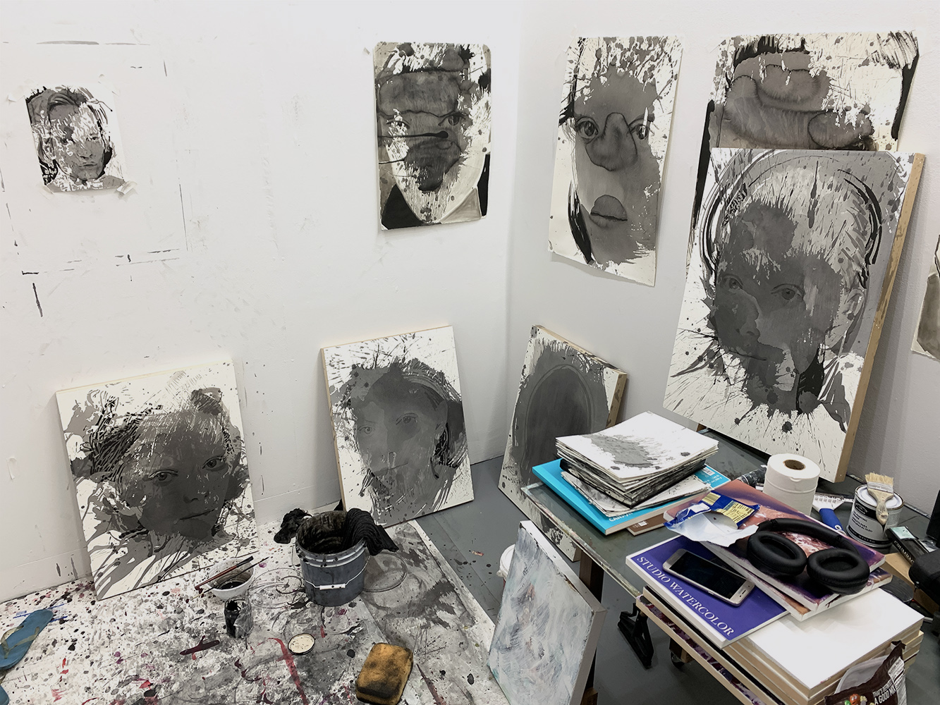 art studio with Owing to the Absence paintings, Bartosz Beda
